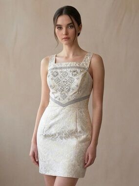 Phoebe Cream and Silver Embroidered Brocade Midi Dress Size 6